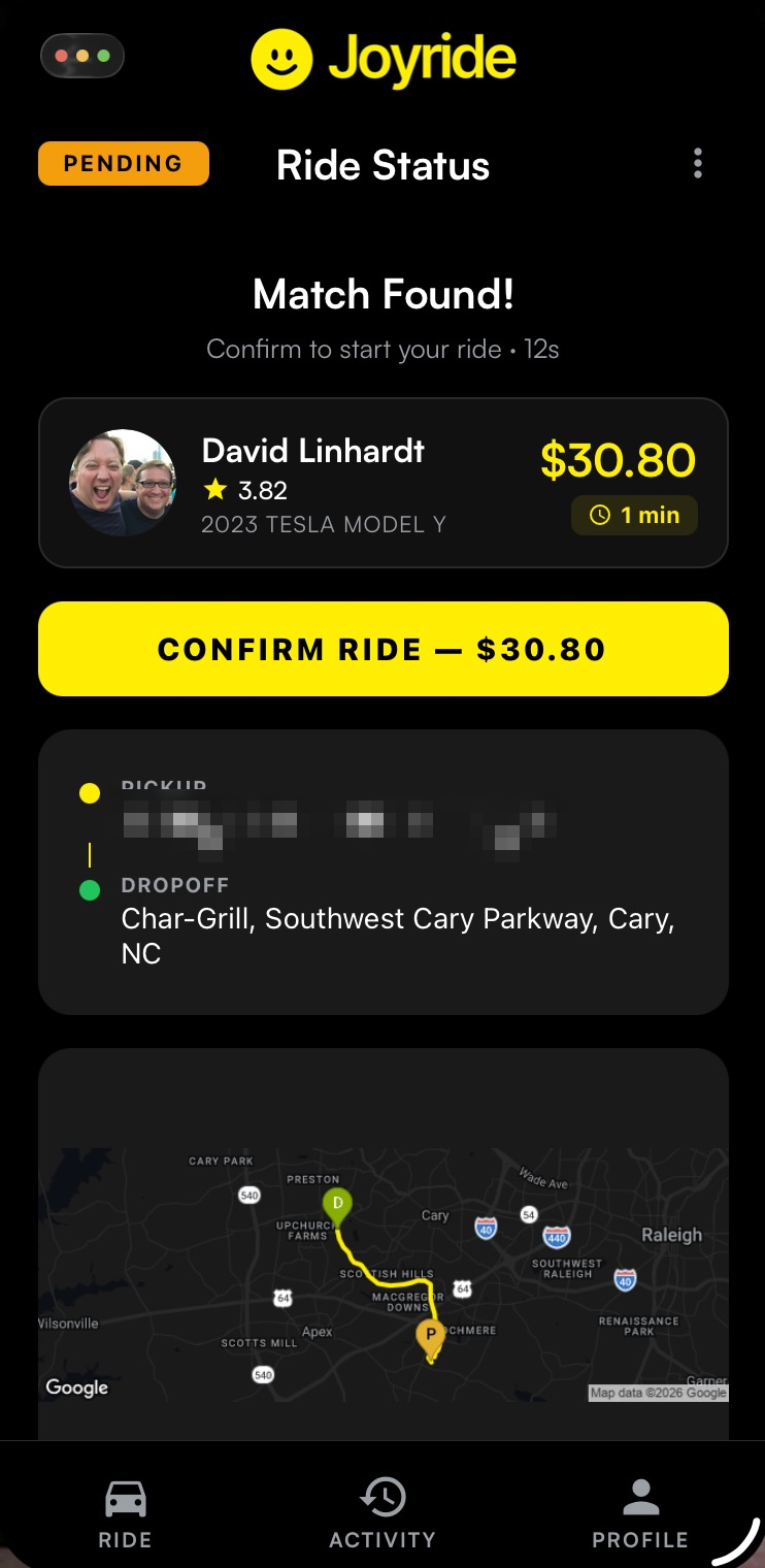 Joyride app showing a matched driver with photo, rating, vehicle and a fixed fare, with a Confirm Ride button